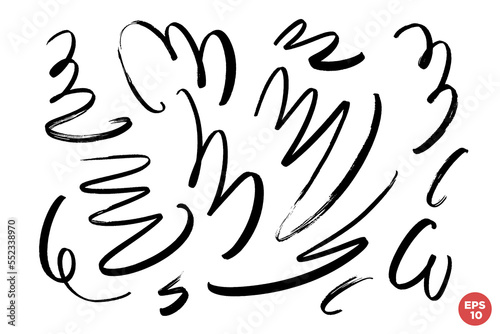 Marker drawn scribble vector set. Childish drawing. Hand draws calligraphy swirls. Curly brush strokes, marker scrawls as graphic design elements set.