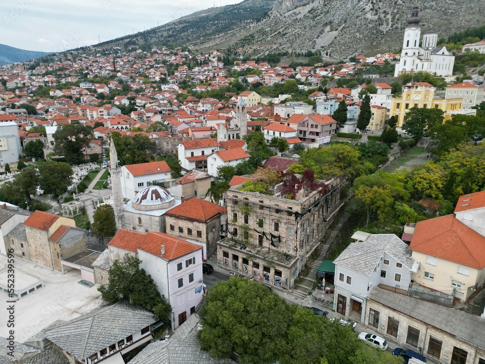 Bomb damaged builting Mostar  Bosnia and Herzegovina drone aerial view..