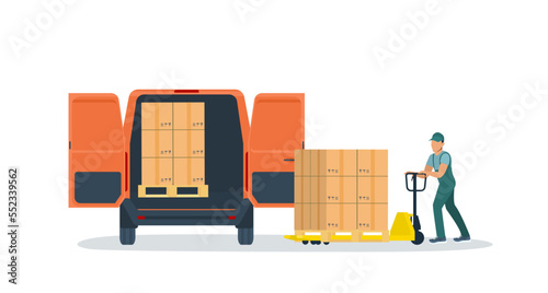 A worker loads a van using a hand pallet truck. Vector illustration.