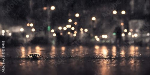Rainy night city with street lights reflections 13