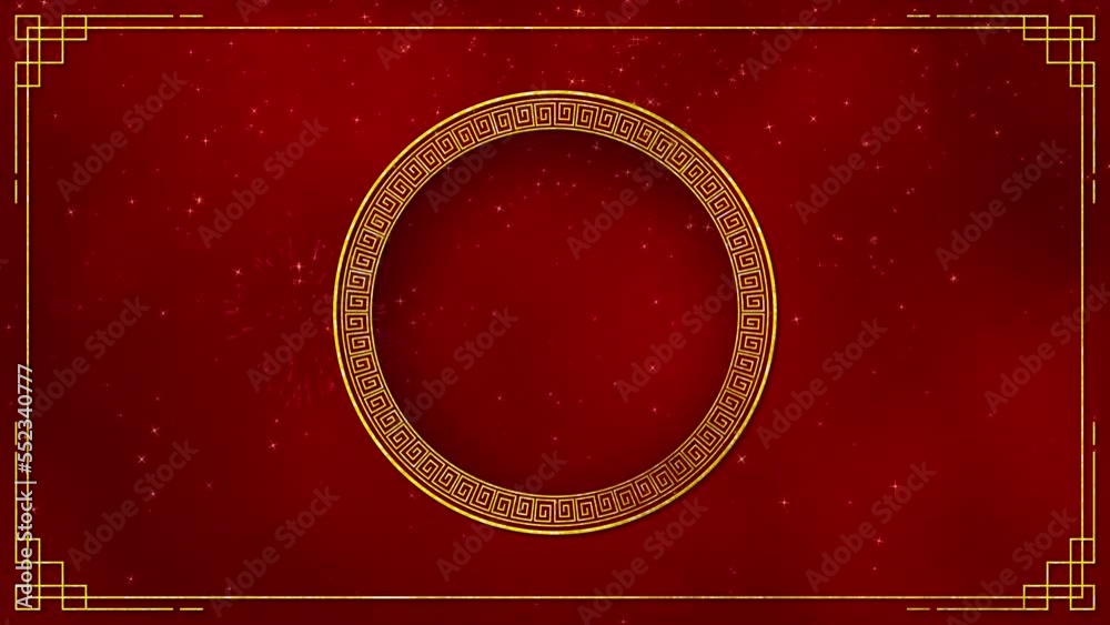 Motion graphic of Golden circle frame with chinese new year and year of the Rabbit 2023 on dark red background and glitter particle in a happy new year concept abstract background seamless loop video