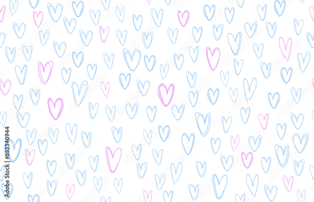 Vector blue and pink hand-drawn hearts seamless pattern. Valentine's day border