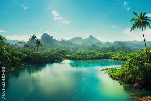 Palm trees against blue sky, tropical coast with waterfall and mountains on a background, river, lake with turquoise water. Summertime.