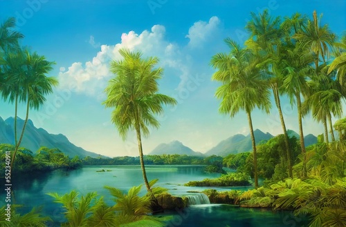 Palm trees against blue sky, tropical coast with waterfall and mountains on a background, river, lake with turquoise water. Summertime.