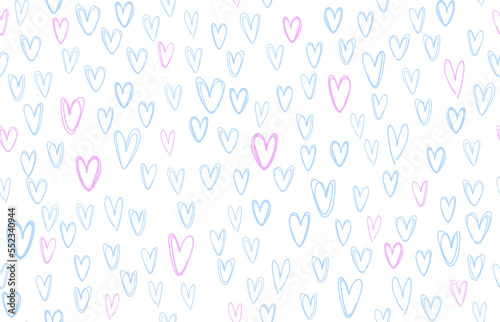 Vector blue and pink hand-drawn hearts seamless pattern. Valentine s day border