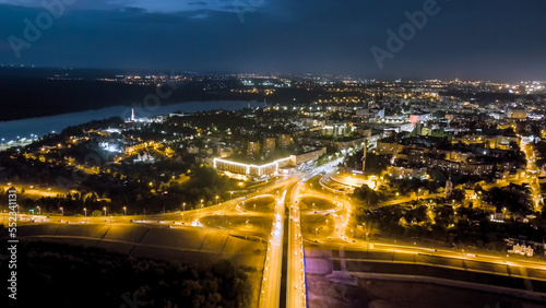 Kaluga, Russia. Entrance to the city center of Kaluga Gagarin interchange and Gagarin bridge. Night illumination, Aerial View