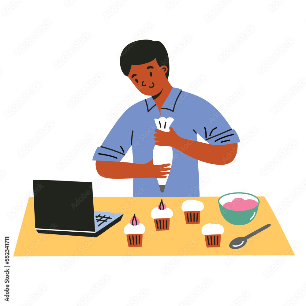 Man watching video recipe, boy cooking while watching tutorial on laptop, decorating cupcakes icon, bakery utensils, vector illustration of piping bag doodle, isolated colored clipart on white backgro