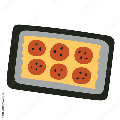 Cookies on sheet pan icon, vector illustration of biscuits with chocolate bar pieces, fresh baked food, baking sheet doodle, isolated colored clipart on white background