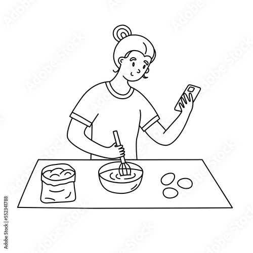 Woman cooking with online recipe, baking while using phone, bakery utensils icon, baking tutorial on mobile, vector doodle illustration of whisk, eggs, flour, isolated outline clipart on white backgro