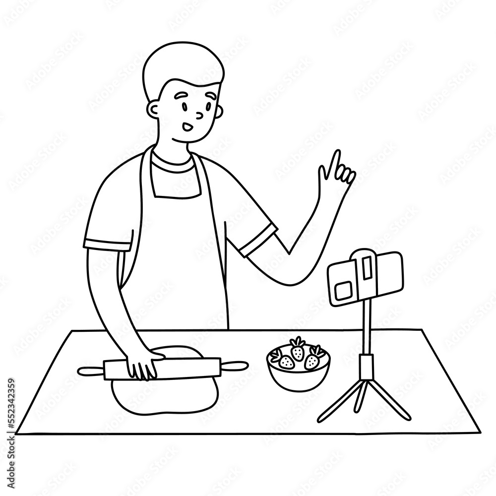 Boy making video cooking tutorial, man blogger bakes on camera, rolling dough, food blog icon, vector doodle illustration of phone stand, kitchen utensils, isolated outline clipart on white background Boy making video cooking tutorial, man blogger bakes on camera, rolling dough, food blog icon, vector doodle illustration of phone stand, kitchen utensils, isolated outline clipart on white background