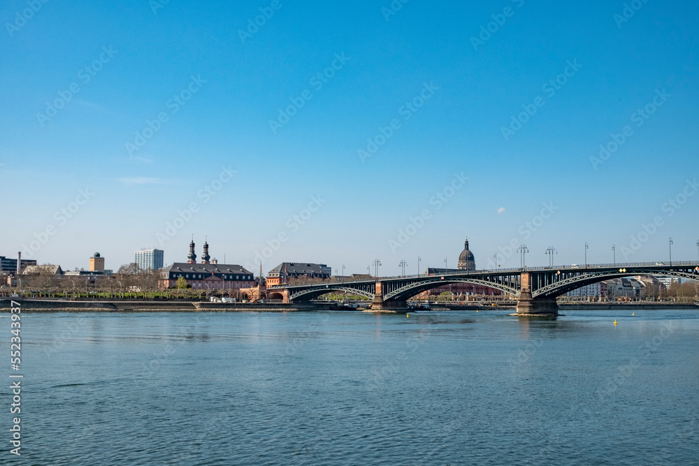 skyline of Mainz with river Main and Theodor Heuss bridge