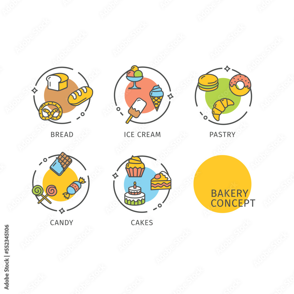 Bakery Concept Thin Line Icons Labels Set. Vector