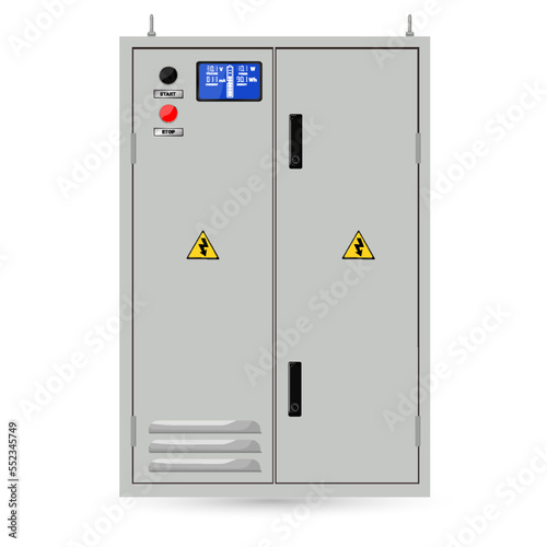 Electrical box, industrial electrical control panel. Liquid crystal display. vector image