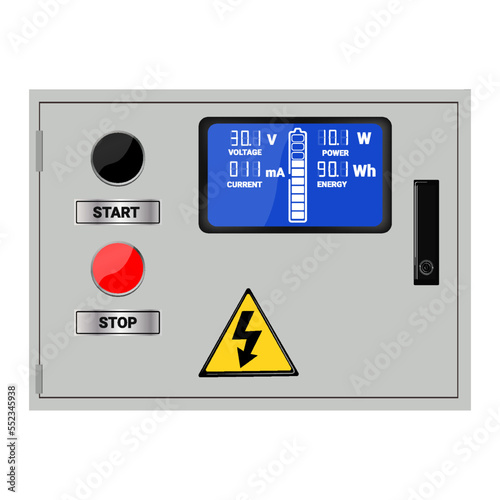 Electrical box, industrial electrical control panel. Liquid crystal display. vector image