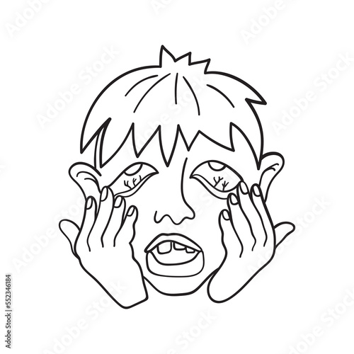 Isolated vector illustration of sad tired boy. Cute thin line icon for design, cover etc.