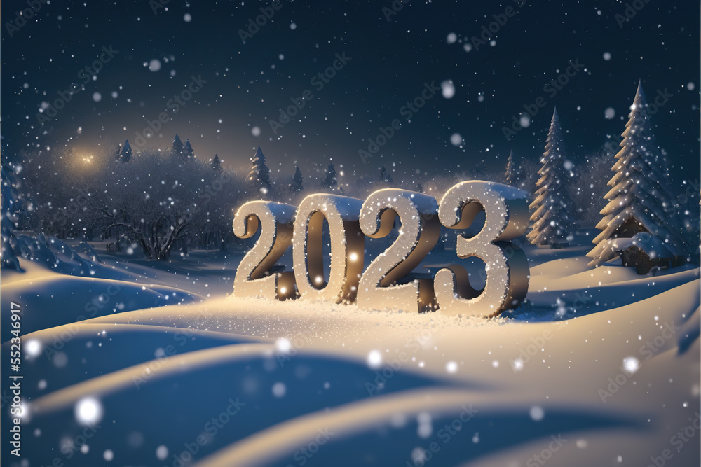 happy new year 2023, number 2023 on snow outside in front ofe winter landscape