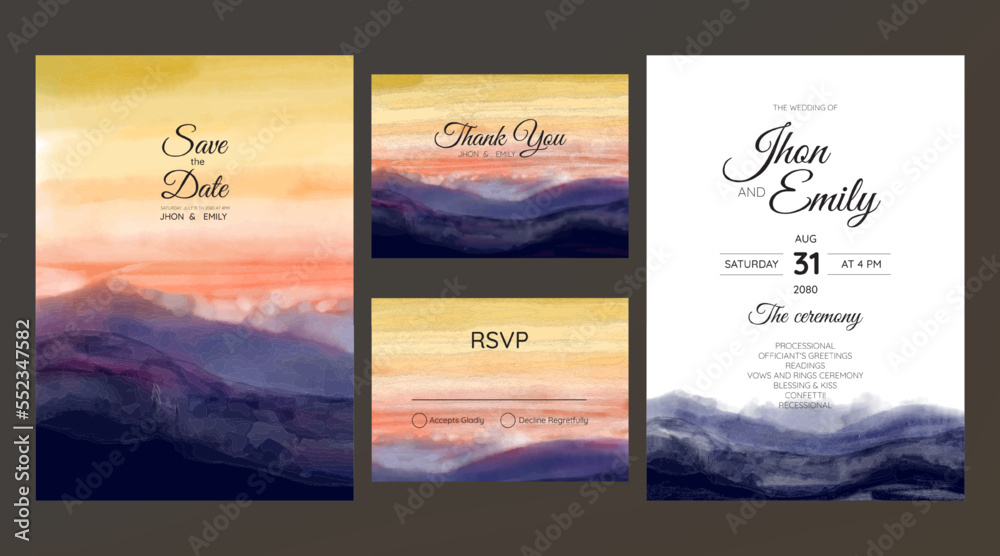 wedding invitation with watercolor morning landscape view