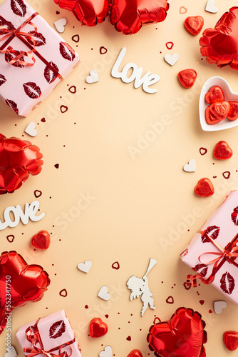 Valentine's Day concept. Top view vertical photo of gift boxes heart shaped balloons candies inscription love cupid silhouette confetti on isolated pastel beige background with copyspace in the middle
