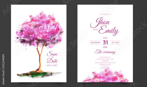 wedding invitation with watercolor morning landscape view