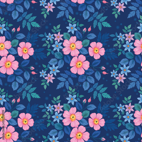 Oldrose color flowers on blue color background seamless pattern. This pattern can be used for fabric textile wallpaper.