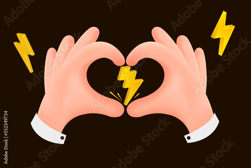 Lightning. A cartoon hand holds a lightning arrow.
Vector image, 3d. Icon.