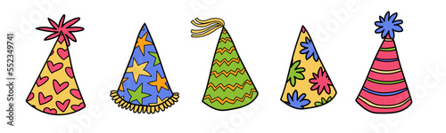 Birthday hat cones doodle vector isolated on white. Colorful bright cartoon stye birthday triangle caps with pom pom, striped, heart and star patterns. Hand drawn childish birthday party stuff decor.