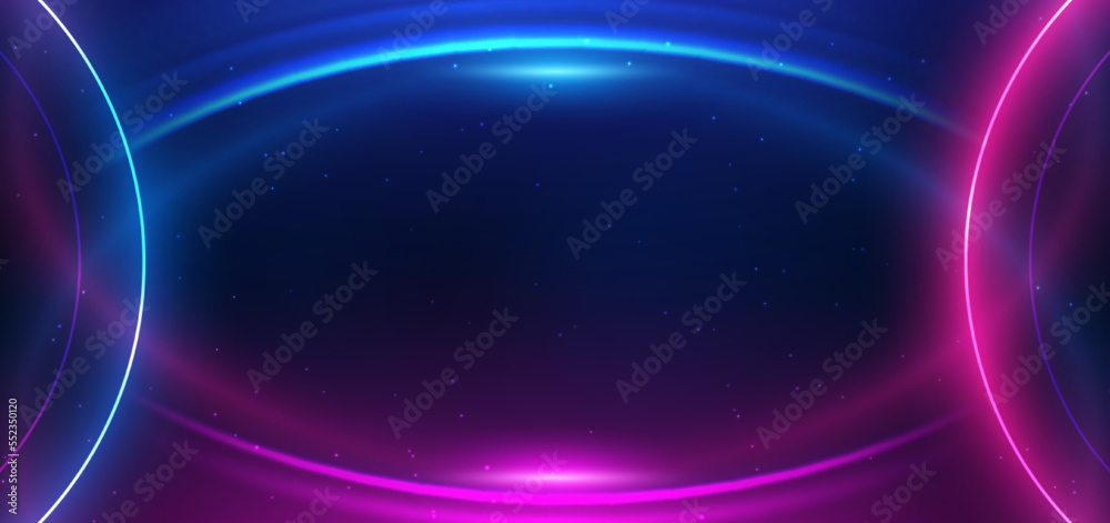 Fototapeta premium Abstract technology futuristic neon circle glowing blue and pink light lines with speed motion blur effect on dark blue background.