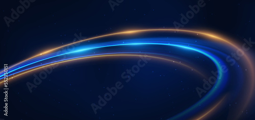 Abstract technology futuristic neon circle glowing blue and gold light lines with speed motion blur effect on dark blue background.