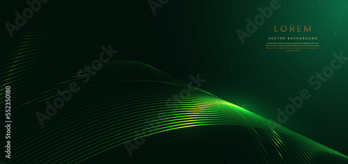 Abstract luxury curve glowing lines on green background. Template premium award design.