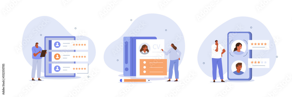 Job recruitment illustration set. Hr manager searching potential job candidates and planning human resources. Character writing CV and applying for work position. Hiring concept. Vector illustration.