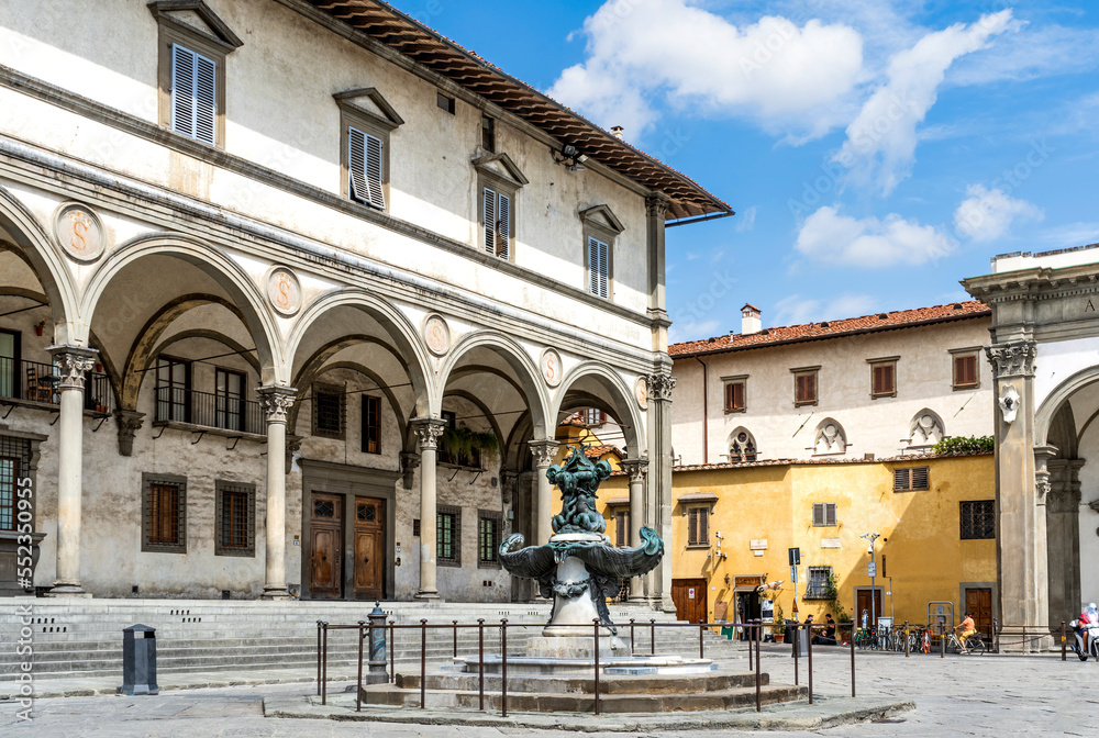 Piazza Santissima Annunziata with Loggia dei Servi di Maria and Pietro Tacca's fountains, Florence, Tuscany, Italy