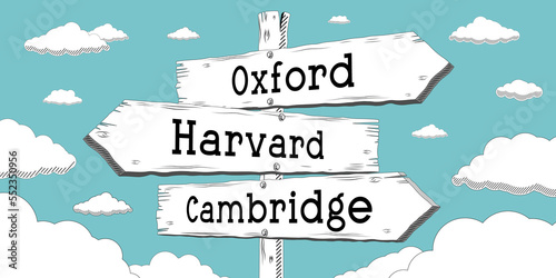 Tableau sur toile Oxford, Harvard, Cambridge - outline signpost with three arrows