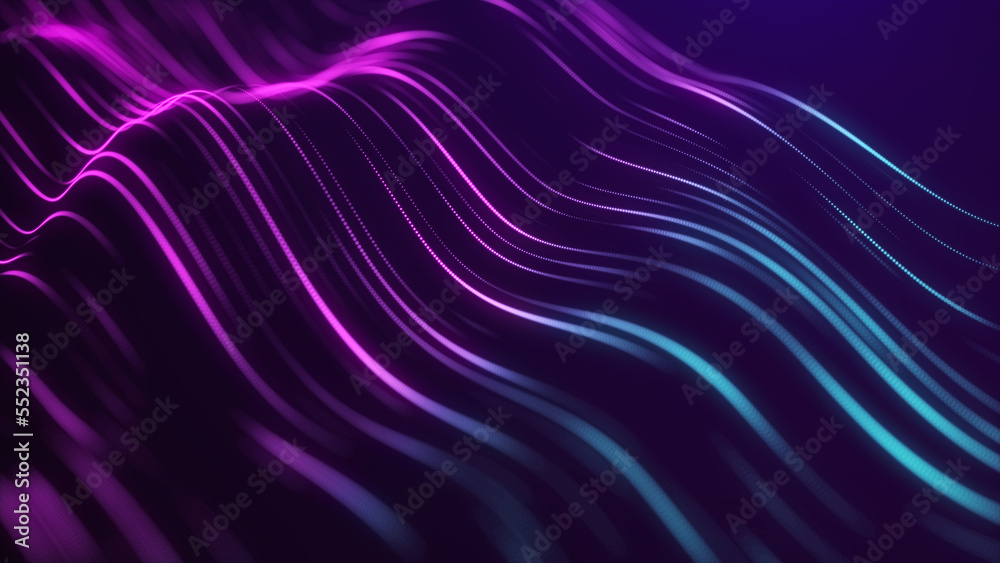 Futuristic wave of blue lines. Digital data flow. The concept of big data. Network connection. Cybernetics and technology. Abstract dark background. 3d rendering.