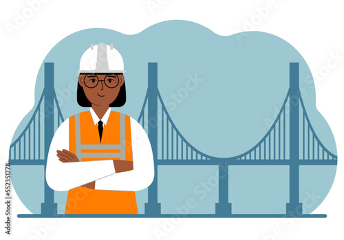 Woman civil engineer next to the bridge. The concept of civil engineering and construction.