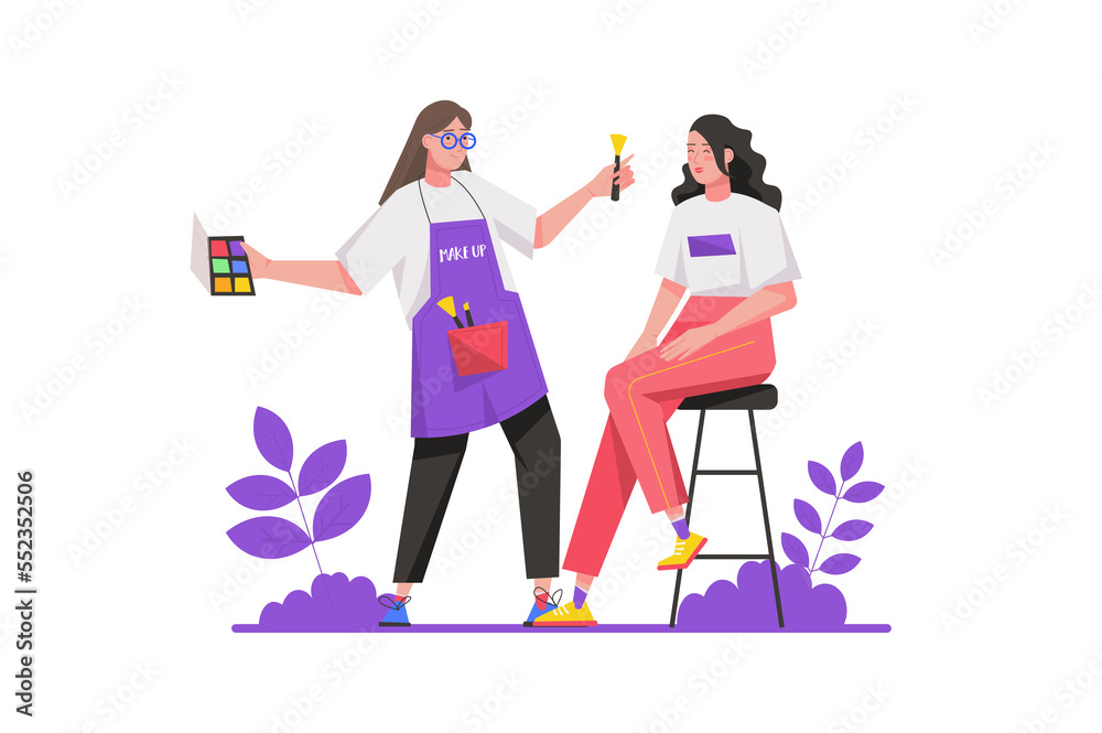 Creative worker concept in flat design. Woman works as makeup artist and making decorative makeup on model face. Beautician at salon. Illustration with isolated people scene for web banner Creative worker concept in flat design. Woman works as makeup artist and making decorative makeup on model face. Beautician at salon. Illustration with isolated people scene for web banner