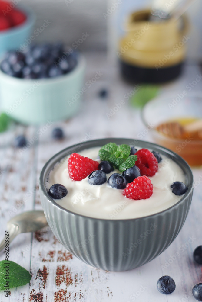 A bowl with Greek yogurt with berries