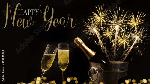 HAPPY NEW YEAR 2024 celebration holiday greeting card background banner panorama - Champagne or sparkling wine bottles, bucket and toasting clink glasses, and golden firework in the night