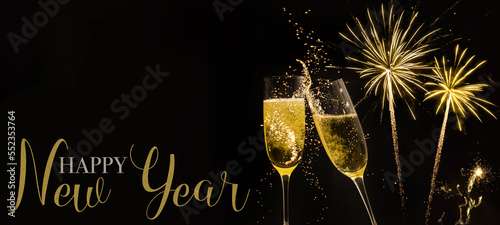 HAPPY NEW YEAR 2024 celebration holiday greeting card background banner  - Champagne or sparkling wine glasses toasting and golden firework in the night