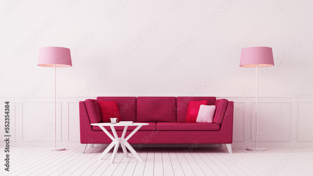 Viva Magenta room interior color of the year 2023 - 3D rendering - obrazy, fototapety, plakaty 