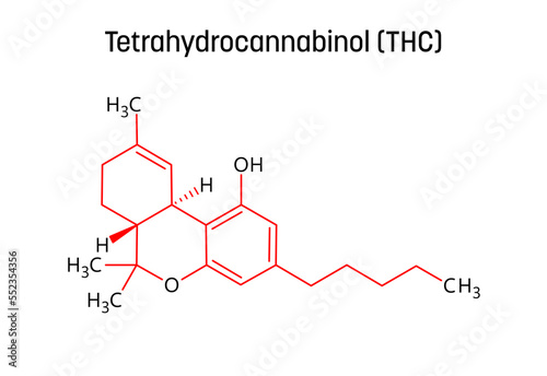 Tetrahydrocannabinol, or THC, molecular structure. Tetrahydrocannabinol is the principal psychoactive drug from cannabis. Vector structural formula of chemical compound with red bonds and black atom