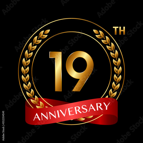 19th Anniversary. Anniversary Logo Design with Laurel Wreath and Red Ribbon for Celebration Event, Wedding, Invitation, Greeting Card. Logo Vector Illustration
