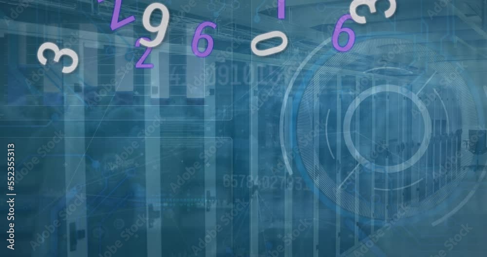 Animation of text buy get symbols over data processing in holding floating purple background