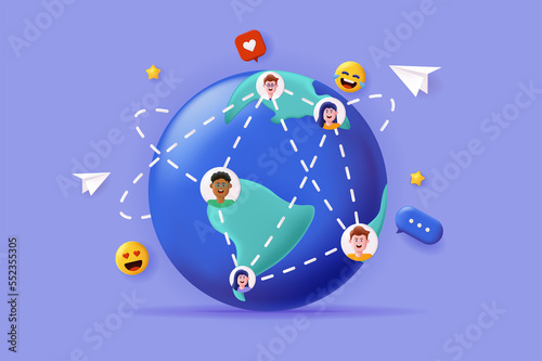 Global social network concept 3D illustration. Personal profiles of people connected with each other around the world, posts, comments and likes. Illustration for modern web banner design