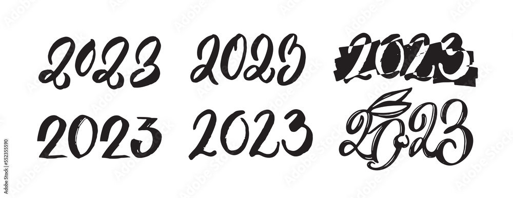 Merry Christmas and happy new 2023 year lettering. Happy winter holidays postcard. Holly jolly. Merry and bright. Seasons greetings.  