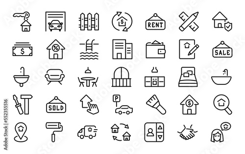 Set of 35 real estate in line style. House, building, realtor, property, sale, rent. Vector illustration.