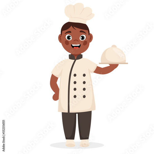 Little chef master. Smiling boy in uniform. Cartoon vector illustration.