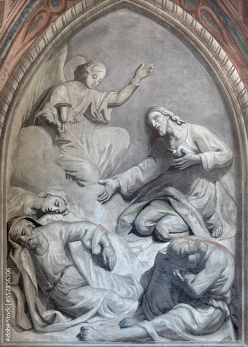 BIELLA, ITALY - JULY 15, 2022: The fresco of Prayer of jesus in Gethsemane garde in Cathedral - Duomo by Giovannino Galliari (1784).