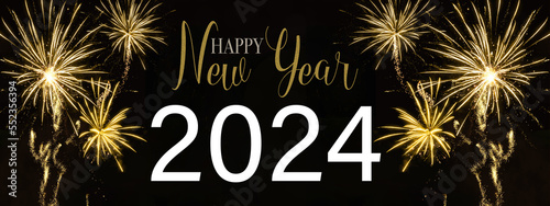 Happy new year 2024, Sylvester, new year's eve background banner panorama long greeting card - Golden firework fireworks pyrotechnics on dark black night sky