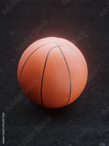 orange basketball on black background, asphalt court, blurred background, 3d rendering © Martin