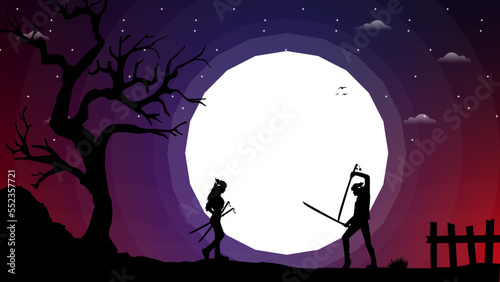 swordsman duel. two swordsmen fighting. duel. fantasy walpaper with samurai.